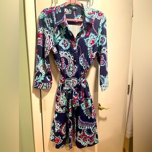 Talbots Navy and Teal Paisley 3/4 Sleeve Dress